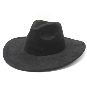 Detail shot of the matte black faux suede fedora crown and wide brim texture