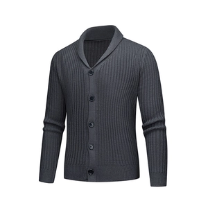 Men's dark grey knit cardigan with shawl collar and button closure in a solid color design