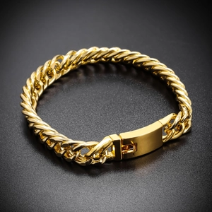 Detail of 10mm gold-plated Cuban link bracelet featuring a secure square clasp closure