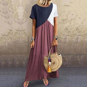 Dames plus size maxi-jurk met geometrisch kleurblokontwerp, korte mouwen en losse pasvorm