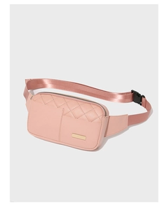 Detailed view of pink quilted PU leather waist bag featuring adjustable strap and zipper closure