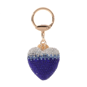 Sparkling silver and blue rhinestone heart keychain with a golden metal clasp for bags