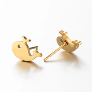 Minimalist gold-plated stainless steel whale stud earrings with a polished metallic finish