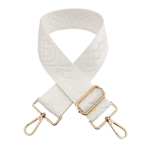 Adjustable white wide fabric shoulder strap with geometric diamond embroidery and gold hardware