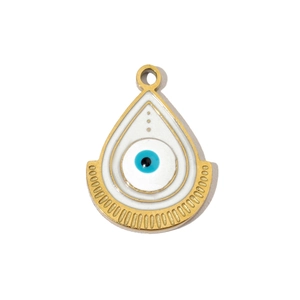 Macro detail of teardrop evil eye charm in gold steel with white and blue enamel inlay