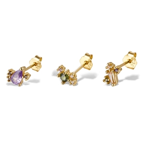 Three-piece S925 silver stud earring set with purple, green and champagne zircons