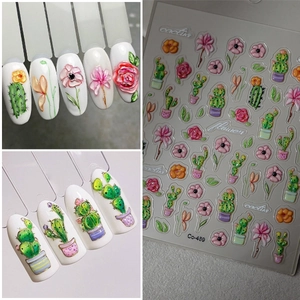 Nail Art Stickers 5D Embossed Cactus Succulent Plant Floral Patterns Waterproof Self Adhesive DIY Manicure Decals