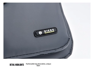 Detail view of water-resistant oxford fabric with DIEKE rubber logo on grey chest bag