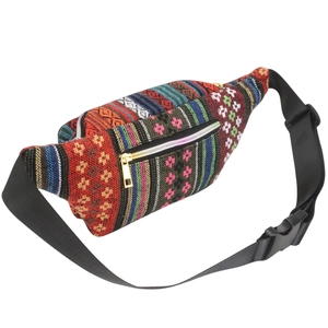 Bohemian style colorful woven waist bag with geometric patterns and golden zipper