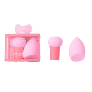 Pink mushroom makeup sponge set with teardrop blender and handled brush in a bow gift box