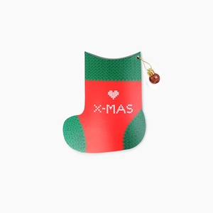 Christmas stocking shaped gift box in red and green with X-MAS knit pattern design