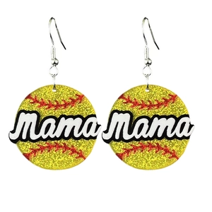 Detail of glitter baseball mama earrings with acrylic red stitching and silver hooks