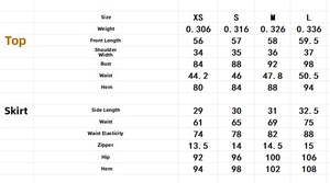 Detailed size chart for women sleeveless blazer top and bodycon skirt two-piece set