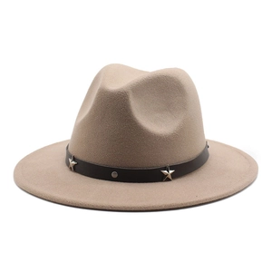 Classic beige wool fedora hat with star-studded decorative band on white background