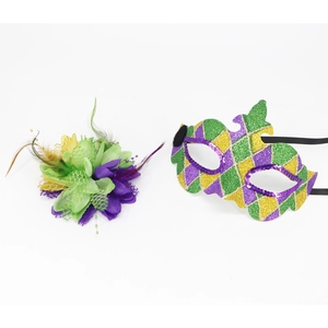Detail of Mardi Gras eye mask and flower headpiece set with purple feathers and sequins