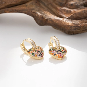 Chic gold heart hoop earrings with rainbow colored zircons and white stone inlay