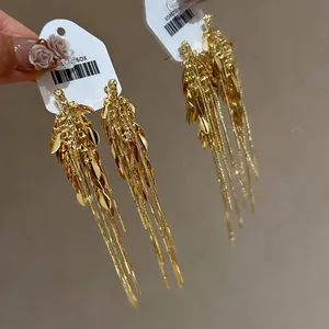 Dettaglio di eleganti orecchini a frangia dorata appesi su una scheda per gioielli bianca