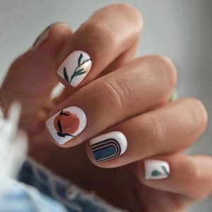 Faux Ongles Press On Sunset Wild Goose Courts Carrés Illustration Artistique Motif Botanique Géométrique Femmes
