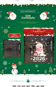 Detail of pink snowman 2026 Happy New Year window stickers on a glass door