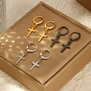 Boucles D'oreilles Créoles Pendentif Croix Acier Inoxydable Plaqué Or 18K Minimaliste Bijoux Pour Femmes