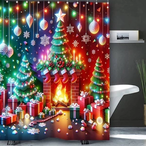 Detail of Christmas shower curtain featuring festive tree, fireplace, and gift box print