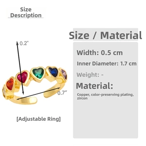 Detailed size chart for the heart zircon open ring showing 1.7cm inner diameter and width