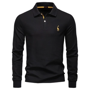 Men Long Sleeve Polo Shirt Cotton Blend Pique Mesh Fabric Giraffe Embroidered Casual Business Lapel Solid Color Tops