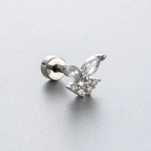 Detail of silver butterfly earring with clear zircons and secure flat back screw