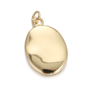Detailed view of polished gold-plated oval locket pendant with glossy metallic finish