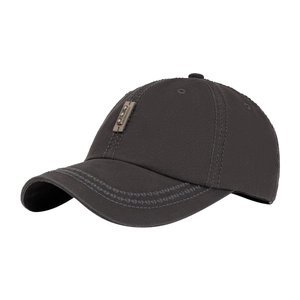 Washed dark gray baseball cap with vintage soft top and rectangular leather label patch