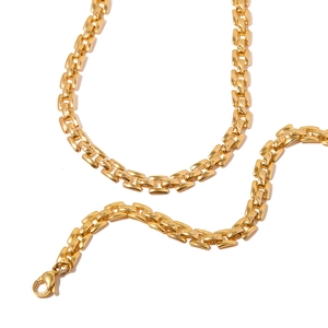 Fashionable 18K gold-plated stainless steel chain necklace and bracelet set on white background