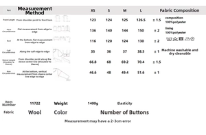 Detailed size guide for women's long wool coat showing chest and sleeve measurements