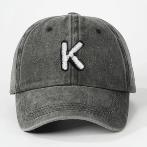 Adjustable dark grey washed denim baseball cap with white towel embroidered letter K