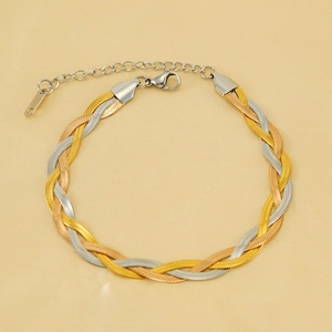 Three-tone braided herringbone chain bracelet in gold silver and rose gold finishes