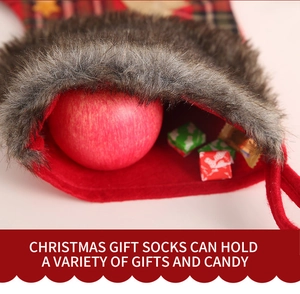 Macro view of Christmas gift sock showing large capacity for apples and candies