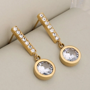 Luxurious gold stainless steel drop earrings featuring sparkling cubic zirconia crystals