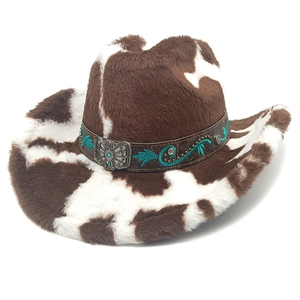 Chapeau de cowboy en peluche à motif vache avec bande en cuir brodée et boucle métal