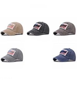 Color display of vintage washed cotton baseball caps with American flag embroidery