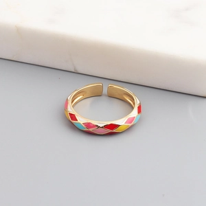 Colorful geometric enamel open ring with multi-color diamond patterns in gold finish