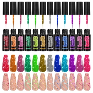 Set of 12 reflective glitter nail liner gels with vibrant colors and fine brush tips
