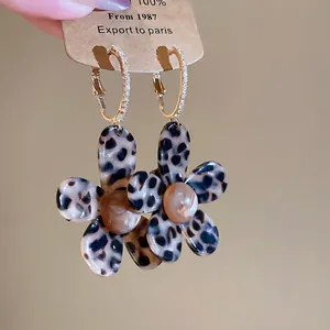18K gold plated leopard print flower earrings with sparkling rhinestone hoops for women