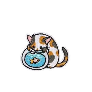 Embroidered tricolor cat patch watching a goldfish in a bowl for DIY clothing decor
