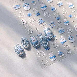 Adesivi Unghie Rilievo 5D Inverno Natale Fiocco Neve Coniglio Autoadesivi Decalcomanie Blu Bianco Per Manicure