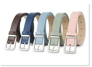 Detail view of five assorted colorful PU leather belts with classic silver metal buckles