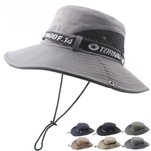 Detail of wide brim sun hat featuring breathable mesh vents and adjustable wind rope