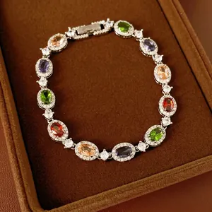 Colorful Zircon Oval Bracelet Copper With Silver Tone Halo Setting Elegant Palace Style Luxury Jewelry For Women