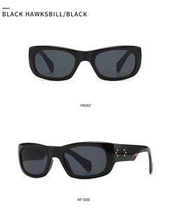 Front and side view of square black sunglasses with silver rivet accents and dark lenses