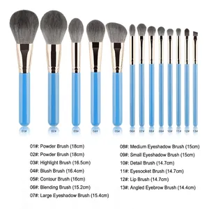 13-piece sky blue makeup brush set with soft grey synthetic bristles and gold ferrules