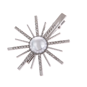 Sunflower hair clip with white pearls and sparkling rhinestones on a silver base