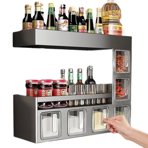 Wall-mounted gray kitchen spice rack with multi-layer storage and transparent drawers